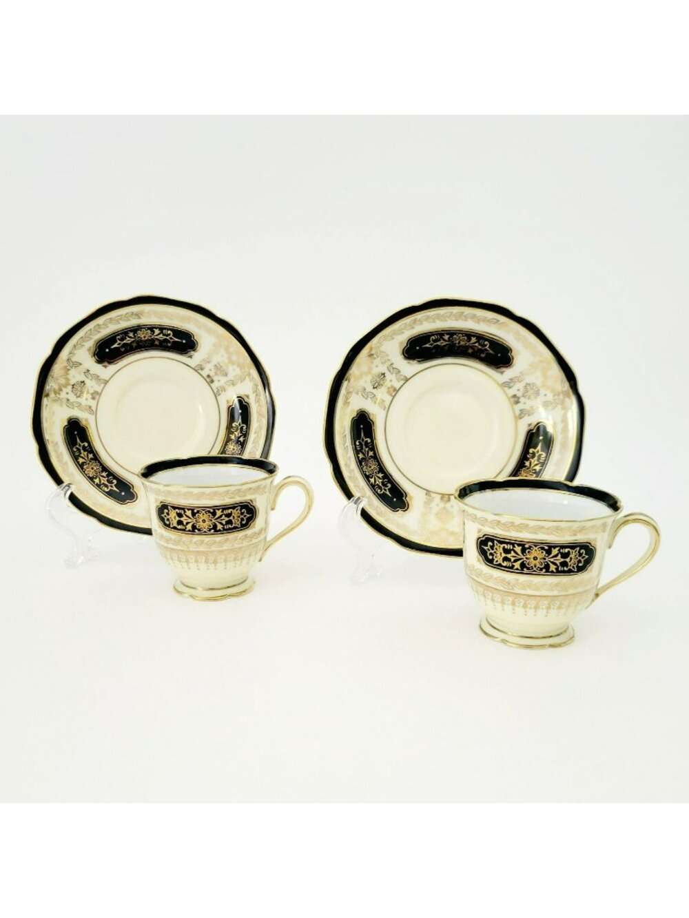 Vintage Noritake Black Gold Demitasse Cup & Saucer, 2 Sets, c1940s Art Nouveau